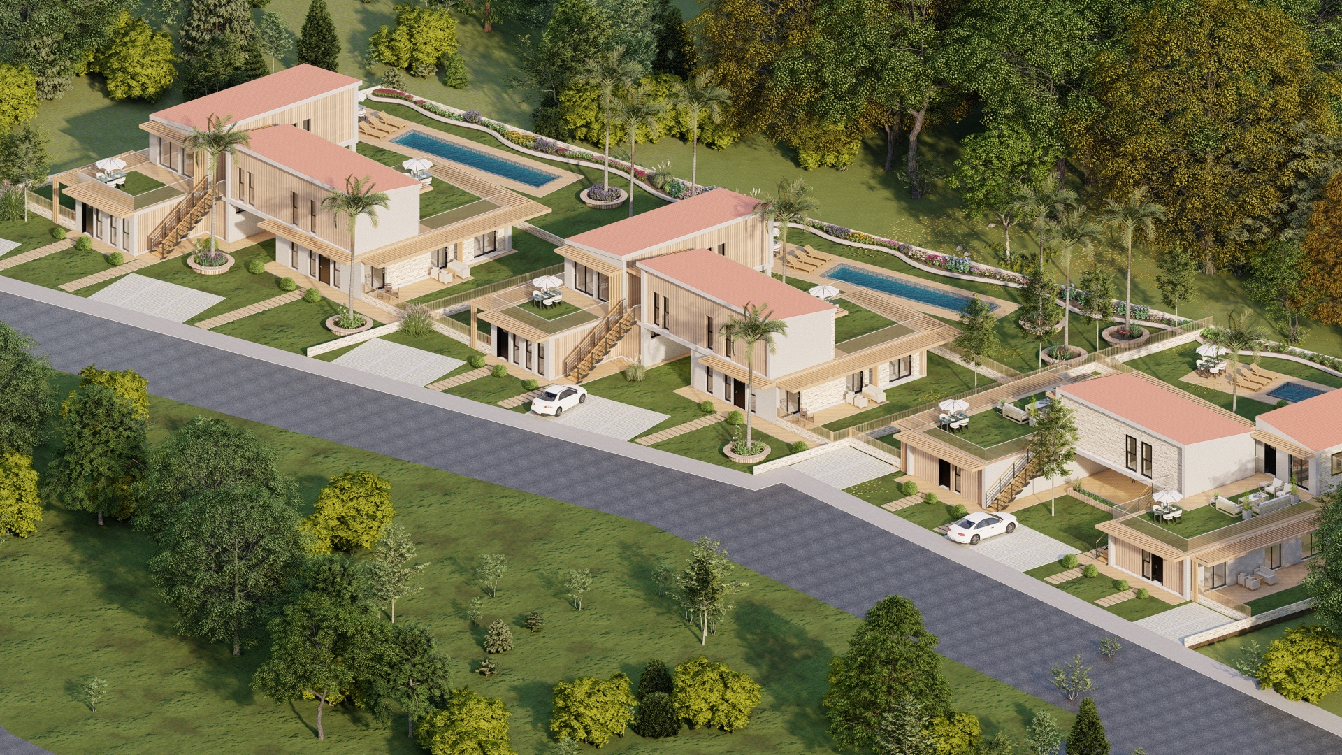 Progetto B — complesso residenziale stile mediterraneo, vista aerea