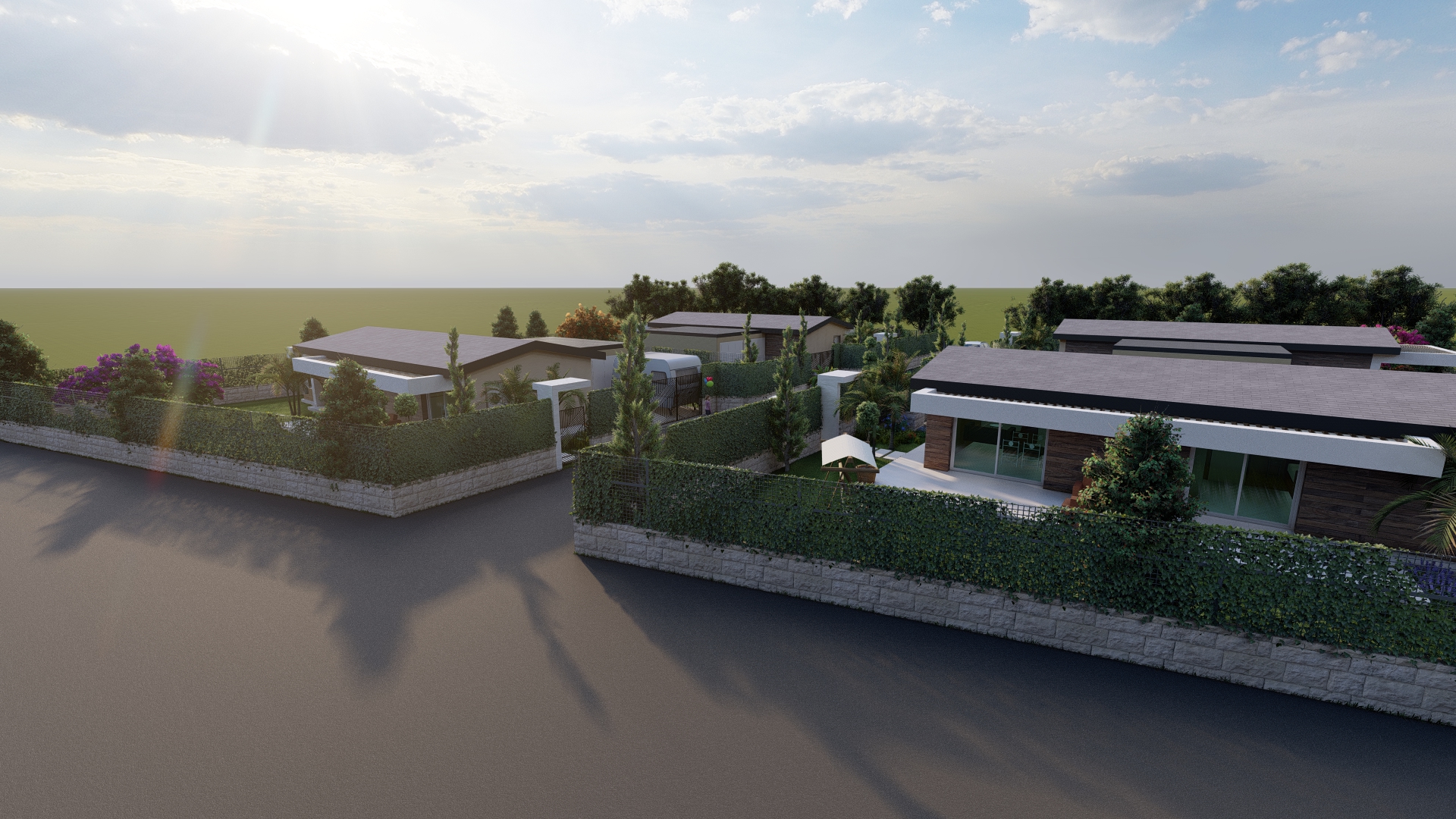Complesso residenziale Progetto H — vista aerea al tramonto